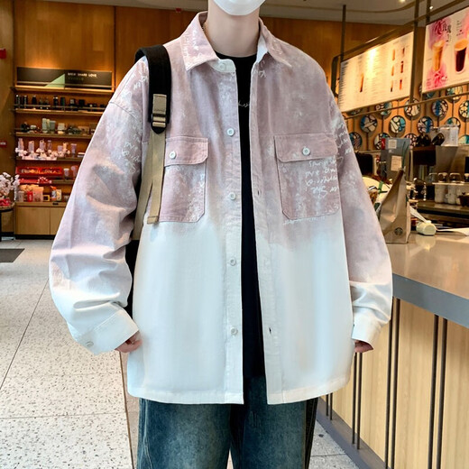 IMPRESSWIT扎染渐变色夹克男牛仔粉色青少年学生衣服2025春季理发师潮流外套 CS3331粉色 XL (适合体重115斤-130斤穿)