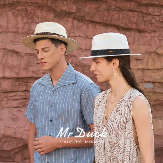 Mr DUCK2025 new product, light and breathable Panama hat, men and women, hand-dyeed cotton and linen plaid webbing topper, sun protection straw hat MS56328-Natural Khaki/Cotton and linen plaid webbing L(57-58cm)