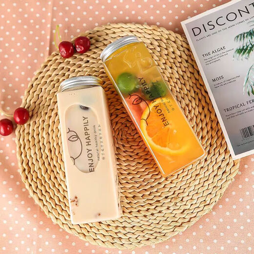 Creative yogurt cup, freshly squeezed juice bottle, beverage bottle, wishing bottle, internet celebrity, milk tea shop bottle plastic, 10 pieces, 300ml rectangular bottle + open hole lid