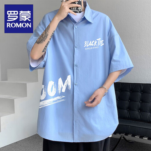 Romon weiße Kurzärärmungshemd Herren Sommer Japaner loser Tops Jungen Trendy Branddruck hübscher Hemdjacke Männer Mdsp834 Black M ungefähr 90 ~ 115 Jin [Jin gleich 0,5 kg] kann getragen werden