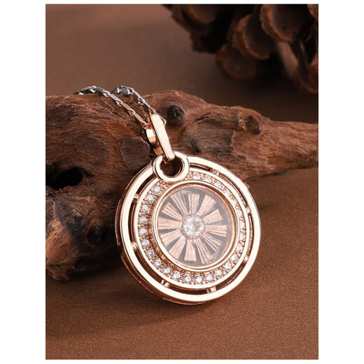 QUAMER round rotating 18k rose gold pendant for women, redbud transfer bead snowflake hanging necklace, pink gold pendant necklace (chain length 50CM)