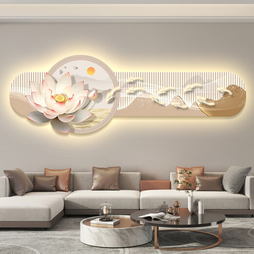界同九鱼图led带灯客厅装饰画沙发背景墙挂画壁画简约现代感荷花 KX-6189 80*240【充电宝+遥控】
