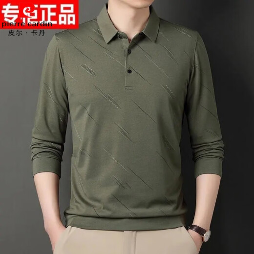 皮尔卡丹（pierre cardin）春季冰丝T恤男士长袖2025新款中年男纯色休闲翻领薄款爸爸体恤衫 829驼色 M 165
