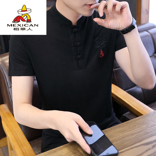 Scarecrow summer embroidered stand-collar T-shirt for men short-sleeved retro Tang suit Chinese style men's half-sleeved trendy brand ice silk trend 9193 green 2XL 125-145Jin [Jin equals 0.5 kg]