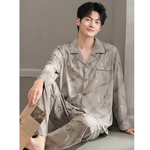 HWHE light luxury brand pajamas men's 2025 spring and autumn new pure cotton long sleeve large size thin style for outdoor wear home clothing set 13063 picture color M (165 size) recommended height about 165, body