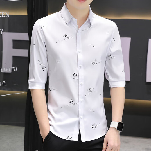 L Lilang's [Brand Brochure Code Break] Seven-Class Sleeve Shirt Men's Ice Silk Short Sleeve Slim Trendy Smooth Shirt 684 Blue L 105-120Jin [Jin equals 0.5 kg]