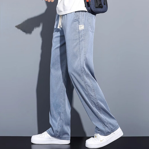 Fog Sky Ice Seide Jeans für Jungen Sommer dünne lässige Hose lose breite Beine gerade Hosen Frühling und Herbststil Zughosen HS-1048 GRAY M (Empfohlen 90-110Jin [Jin gleich 0,5 kg])