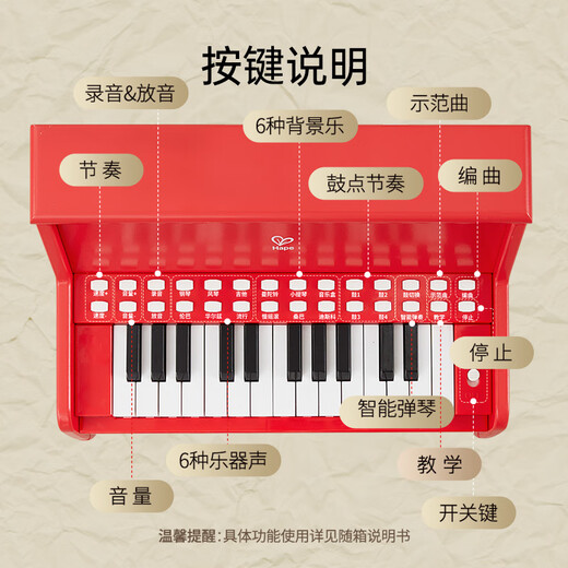Hape(德国)早教电钢琴玩具儿童乐器初学者入门灯光教学钢琴黑色E0629