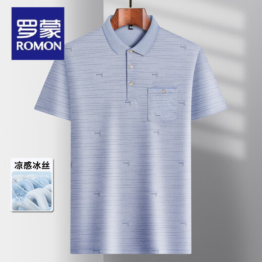 罗蒙（ROMON）爸爸装翻领冰丝短袖T恤中年男士休闲体恤中老年薄款POLO衫夏季衣T 冰丝-9923 蓝色 真口袋 M 48/165