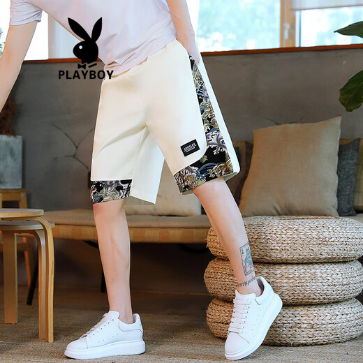 花花公子（PLAYBOY）中国风休闲短裤男夏季国潮潮牌宽松运动男士外穿百搭沙滩五分裤子 831米色 M (约85~105斤可穿)
