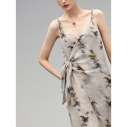 
COCOBELLA new Chinese style glitter chiffon bamboo printed strap dress Chinese style suspender skirt FR7027 silhouette gray L