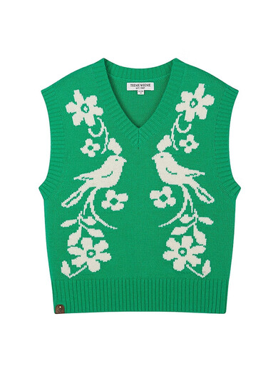 Teenie Weenie小熊女装毛衣2025春季新款复古嵌花休闲V领针织背心 绿色 S  160