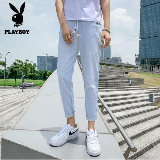 Playboy (Playboy) Hosen für Männer lässige Hosen für Sommer tragen lose und vielseitige trendige Kumpelhosen Straight Jeans für Männer Sommer dünne Männerhosen 673 hellblau/elles Seil XL sammeln Sie Priorität Lieferung]