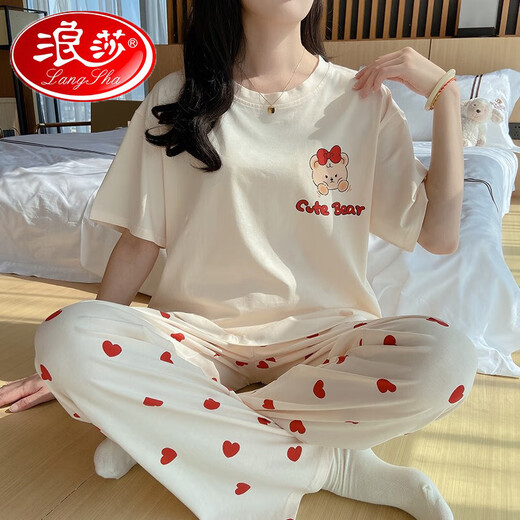 浪莎（LangSha）女士睡衣夏款纯棉2025年新款简约短袖长裤卡通家居服套装春夏外穿 6625红心熊 L