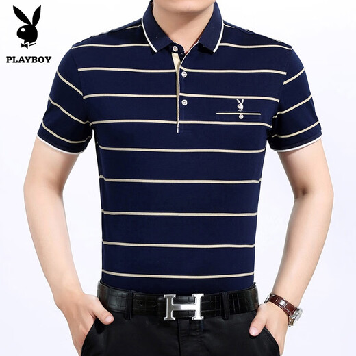 Playboy brand pure cotton middle-aged short-sleeved T-shirt for men's real pocket daddy's lapel POLO shirt men's t-shirt loose shirt 3195 red [short] L 17084A Recommended 120-140Jin [Jin equals 0.5 kg]