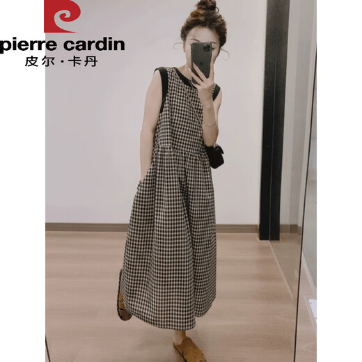 
Pier Cardin American retro plaid vest mid-length skirt for women's temperament, fashionable loose slimming back lace sleeveless dress plaid vest dress 9855 M (100-115Jin[Jin equals 0.5 kg])