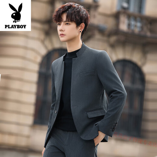Playboy New Style Mao Suit Men's Handsome Slim Stand Collar Suit National Style Wedding Jacket Youth Casual Small Suit Suit Black Suit (Top + Pants) XL (125-140Jin Jin equals 0.5kg)