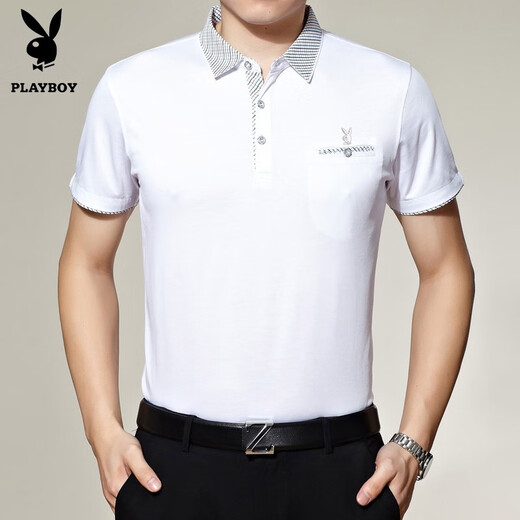 Playboy brand pure cotton middle-aged short-sleeved T-shirt for men's real pocket daddy's lapel POLO shirt men's t-shirt loose shirt 3195 red [short] L 17084A Recommended 120-140Jin [Jin equals 0.5 kg]