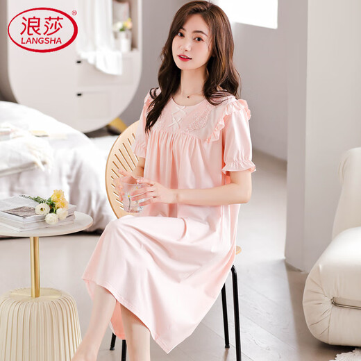 Langsha High-End-Kurzärärmel-Frauen pure Baumwolle Nachthemd lose bequeme süße Prinzessinstil-Baumwolle dünne Mitte des Längen-Pyjamas Hauskleidung 653 weiches Rosa L.