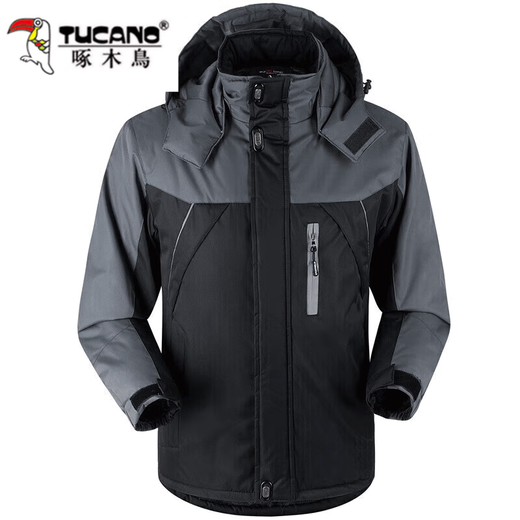 Woodpecker hooded cotton coat men's autumn and winter thickened velvet and cold-proof work protective clothing outdoor jackets red velvet warm XL recommended 105-135Jin Jin equals 0.5 kg