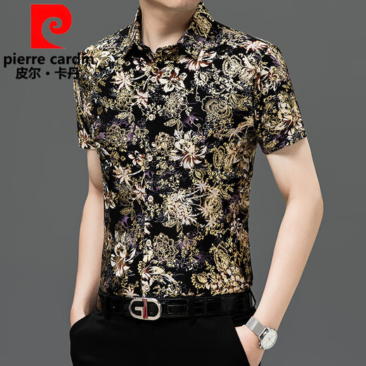 皮尔卡丹（pierre cardin）2025夏季新款男士冰丝短袖衬衫烫金中老年印花弹力抗皱花上衣薄款 9898款 M 100-120斤