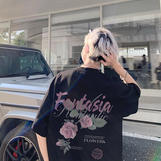 Poum American High Street Rose gedruckt reine Baumwollkurzärmelte T-Shirt Herren Sommer Übergröße Retro Trendy Brand T-Shirt Kleidung MSLWP-C829 Weiß L.