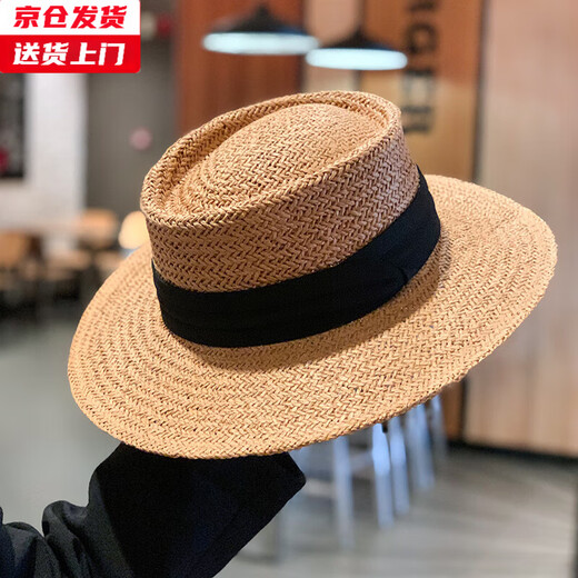 槿城 网红夏天度假沙滩遮阳防晒草帽男女手工编织宽檐平檐名媛法式礼帽MA114 黑色带子/卡其平檐礼帽 可调节