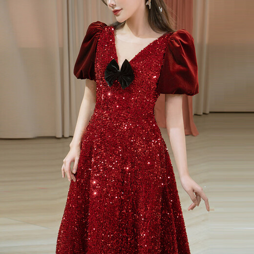 Toasting clothing new high-end light luxury fugitive princess burgundy sequined slim collar bride wedding engagement clothing burgundy (short-sleeved) XL