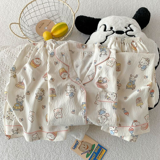 夏季短袖睡衣女薄款开衫三件套家居服新款可外穿卡通学生少女套装 9911浅杏蛋糕KT猫三件套 M