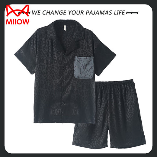 猫人（MiiOW）睡衣薄款夏季冰丝绸男短袖短裤2025年春夏新款简约休闲开衫家居服 YZL-WRQS13077 L 【建议100-130斤】