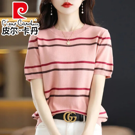 皮尔卡丹（pierre cardin）条纹短袖T恤女百搭2025夏季新款拼色圆领冰丝针织衫半袖短款上衣 761#草莓粉 S 建议90斤以内