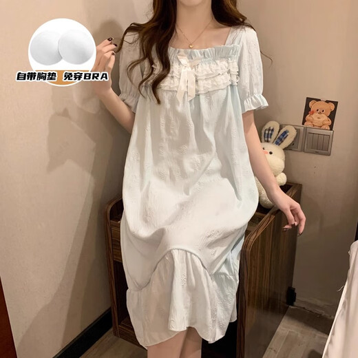 
Xiangyaxin summer chest pad short-sleeved nightgown for women woven cotton 2024 new summer sweet princess style home clothes pajama thin 9901-1 striped bear L