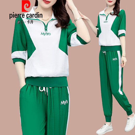 Pierre Cardin Ice Silk Casual Anzug für Frauen 2025 SOMMER NEW LOSS LOOSS Großversion Frauen modische altersreduzierende kurzärmelige Sportbekleidung (684) Weiße M (Empfohlen 100 Jin [Jin gleich 0,5 kg] oder weniger)