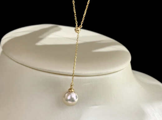 Iosn Japanese natural seawater akoya pearl pendant 18k gold Y chain pendant perfect round extremely bright temperament necklace 18k gold Kajia Y chain akoya pearl heavenly grade 7-7.5mm