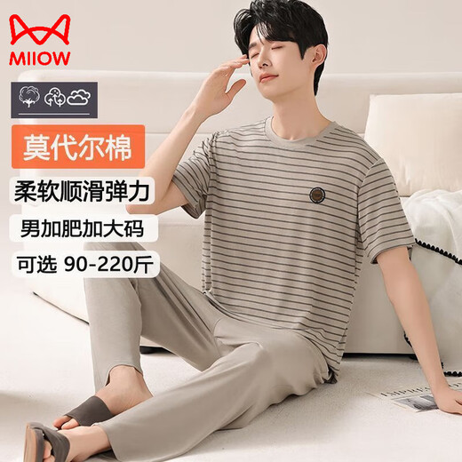 Catman MiiOW2025 new men's pajamas Modal summer thin short-sleeved trousers large size loose youth home clothing set XM9902E modal men's trousers short-sleeved 5XL men's suitable for 190-220Jin [Jin equals 0.5 kg]