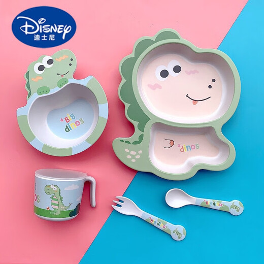 Disney -Cartoon Bambusfaser Kindergeschirrs Set Haushaltssaugung Cup Bowl Baby Plaid Teller Baby ergänzende Lebensmittelschale Löffel Little Wale 02 Wert 5 Stück Set Set