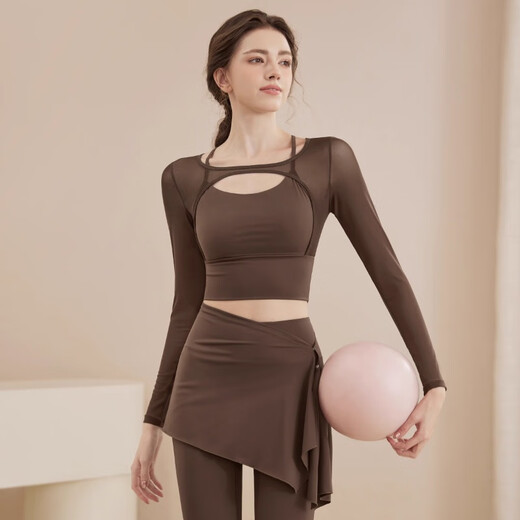 Youyou Yoga Wear Women's Autumn and Winter Mesh Long Sleeve Slimming Sports Top Pilates Training Premium Fitness Wear Set Ebony Brown Long Sleeve Removable Coaster S Recommended weight 100Jin Jin is equal to less than 0.5kg