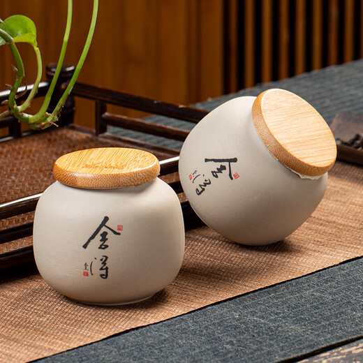 Tea jar ceramic sealed jar household Pu'er special price tea jar wake-up tea jar storage jar portable travel tea set coarse pottery bamboo lid tea jar - Xiao Qinghuan