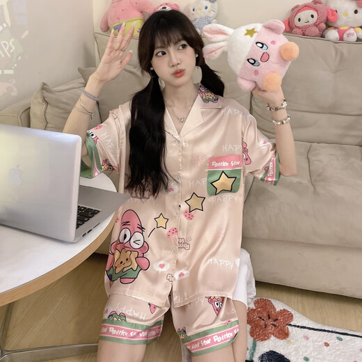 HKPK冰丝睡衣女夏季短袖开衫可爱卡通宽松高级感家居服套装 #FS-2203 #YX-9214 M[75-98]斤 均码