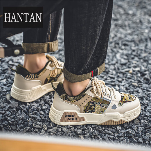 韩谈男鞋秋季透气百搭休闲设计感小众板鞋男士运动厚底增高帆布潮鞋子 米卡其 42