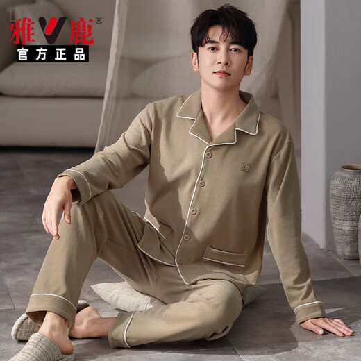 雅鹿睡衣男士秋冬季加厚德绒长袖开衫青少年可外穿保暖家居服套装 01q9195男 XL