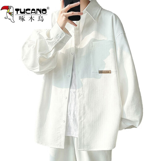 Woodpecker (Tucano) Regalo del día del padre Camisa blanca Otoño de manga larga 2024 nueva camisa de chaqueta de moda casual suelta C9871 White XL alrededor de 130 ~ 145 Jin [Jin equivale a 0.5 kg] se puede usar