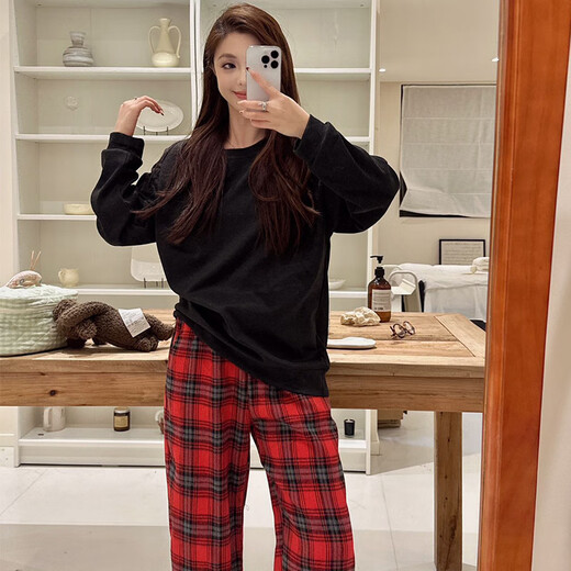 S.SOFEA春秋女睡衣两件套黑红格子家居服 长袖套NY897红小格 170 M(80-100斤)