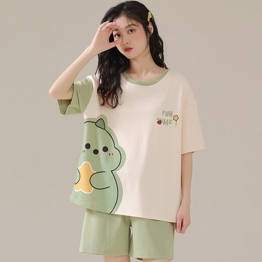Jingpu Fei Japanese cute cartoon short-sleeved pajamas for women loose summer home clothes set 679 green dinosaur 170 M code [suggested 80-90 Jin [Jin equals 0.5 kg]]