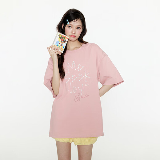 古由卡（GUUKA）情侣装潮流重磅短袖黑色T恤圆领上衣服男装夏季时尚纯棉刺绣印花 粉色F6621 XS