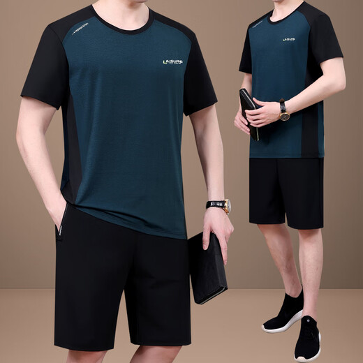 皮尔卡丹（pierre cardin）中老年运动套装男士夏季2025新款爸爸冰丝短袖t恤父亲圆领休闲服 723水蓝【短袖+短裤】 L 【建议100-120斤左右】