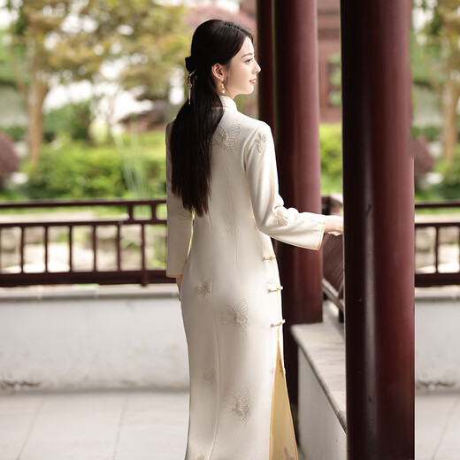 绣花长款改良旗袍2025新款年轻款女复古修身中长袖日常可穿春秋装 13566蓝 S