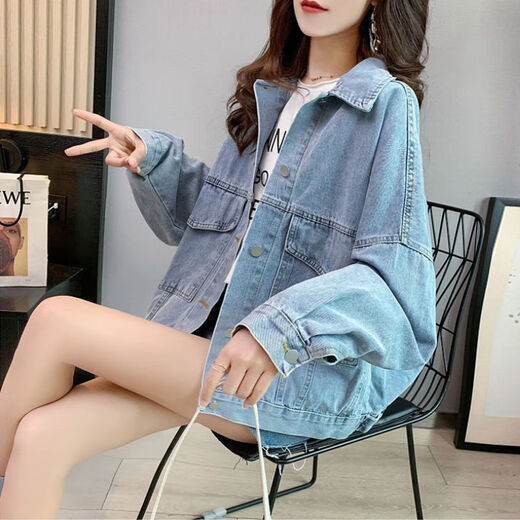 FHHUABD牛仔外套女网红潮流短款宽松百搭春秋洋气新款牛仔衣女装上衣 9929#图片款【烟灰色】 XL 【建议131--145斤】