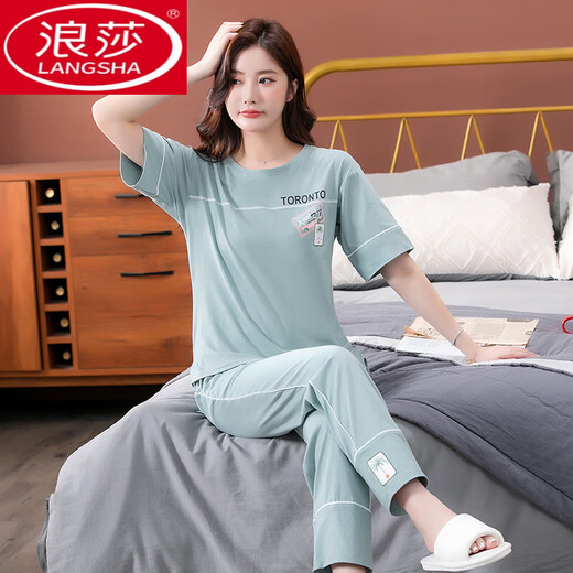 
LangSha pajamas for women for summer pure cotton 2025 new short-sleeved trousers home clothing set for thin cotton suits 7374 bean paste powder XL 120-140Jin [Jin equals 0.5 kg]