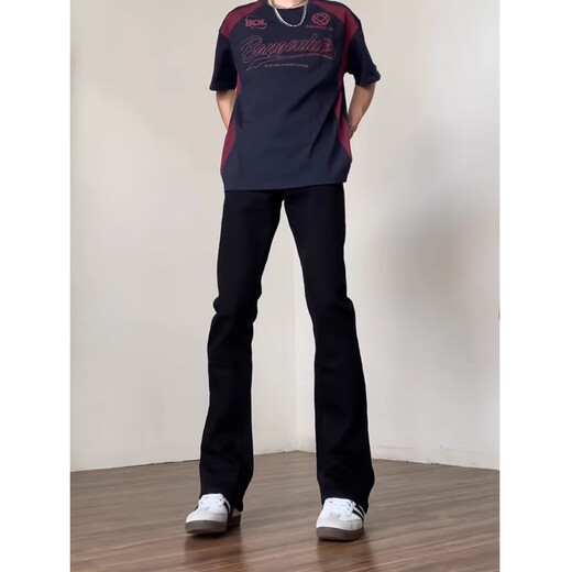Poum American High Street Micro Flare Jeans Herren Frühling 2025 Sommer Trendy Lose gerade Hosen Männer Black Casual Hosen Männer DFFS-701 Black M (Empfohlen 95-110Jin [Jin gleich 0,5 kg])